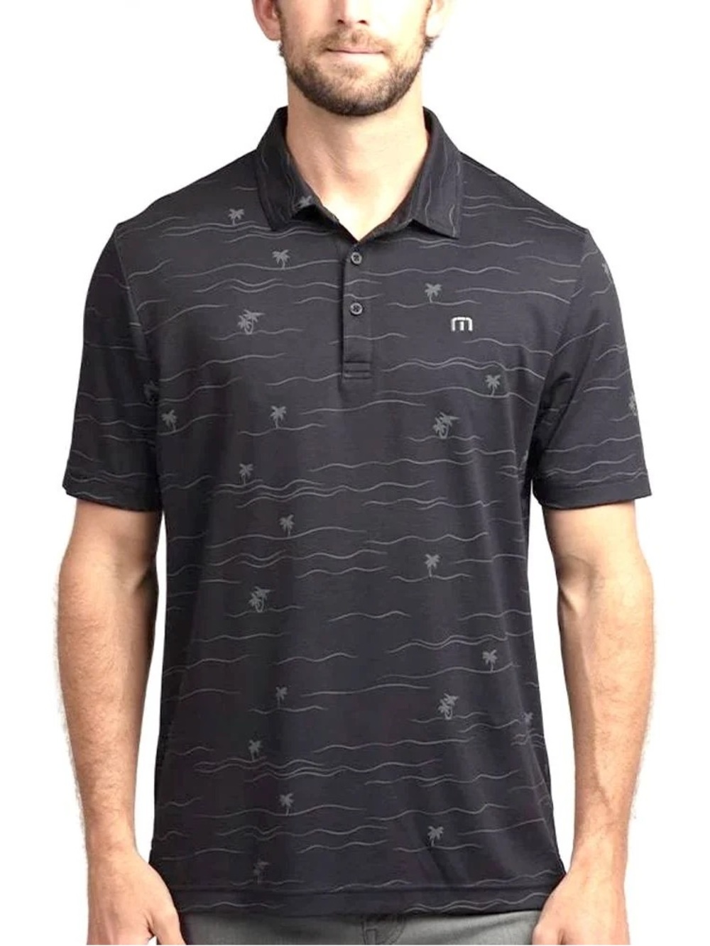Travis Mathew Black Polo with Subtle Gray Palm Print - through being cool 2021 L